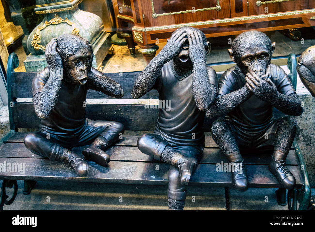 Hear no evil, speak no evil, see no evil , 3 wise monkeys statues in San Francisco. Stock Photo