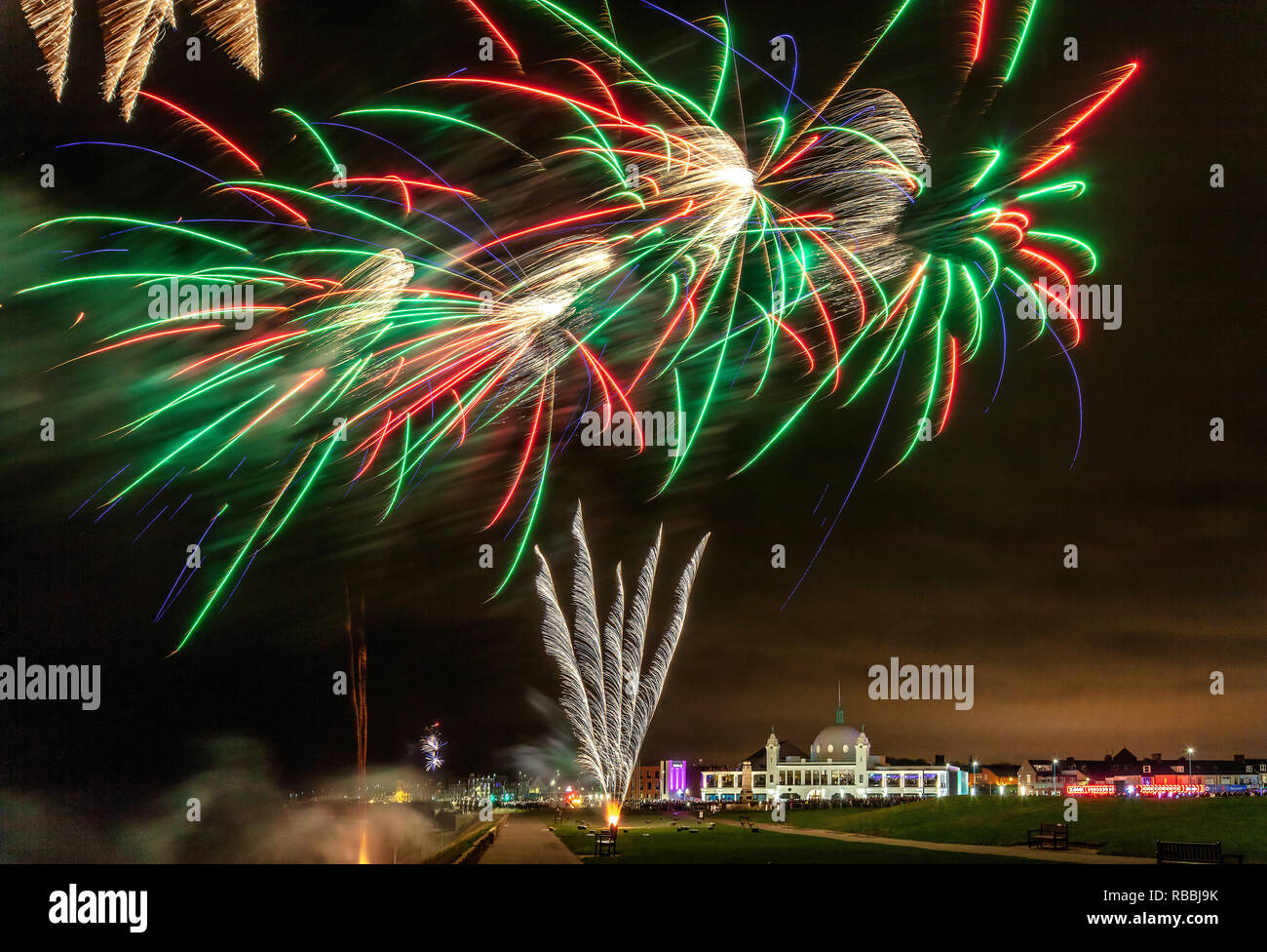 New Year's Eve fireworks above Spanish City, Whitley Bay, North Tyneside, United Kingdom Stock Photo