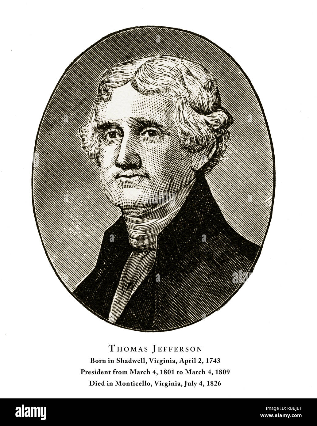 Thomas Jefferson, Engraved Portrait of President, 1888 Stock Photo