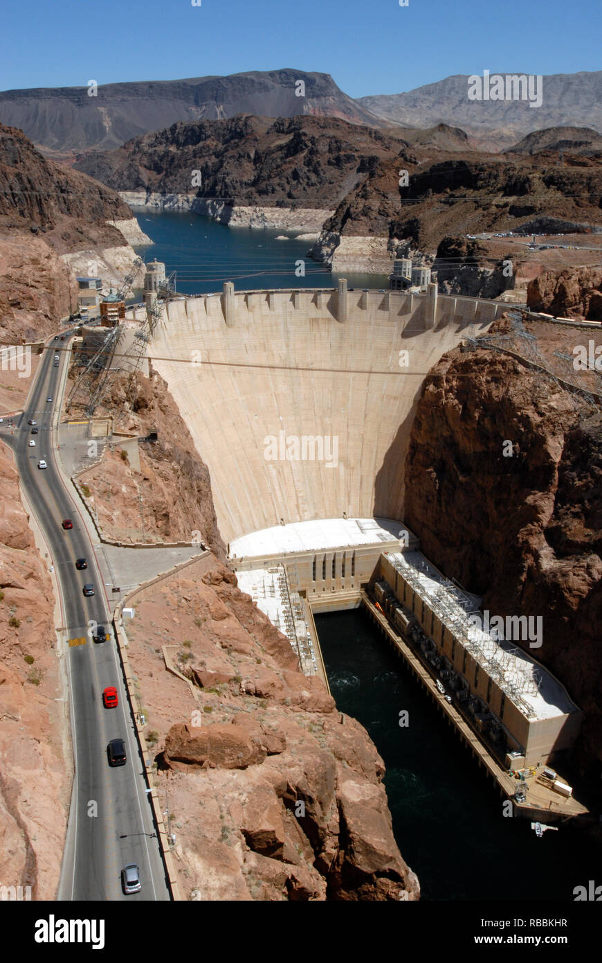 Vertical image showing the Hoover Dam and a portion of Lake Mead at the Arizona-Nevada border. The civil engineering landmark was dedicated in 1935. Stock Photo