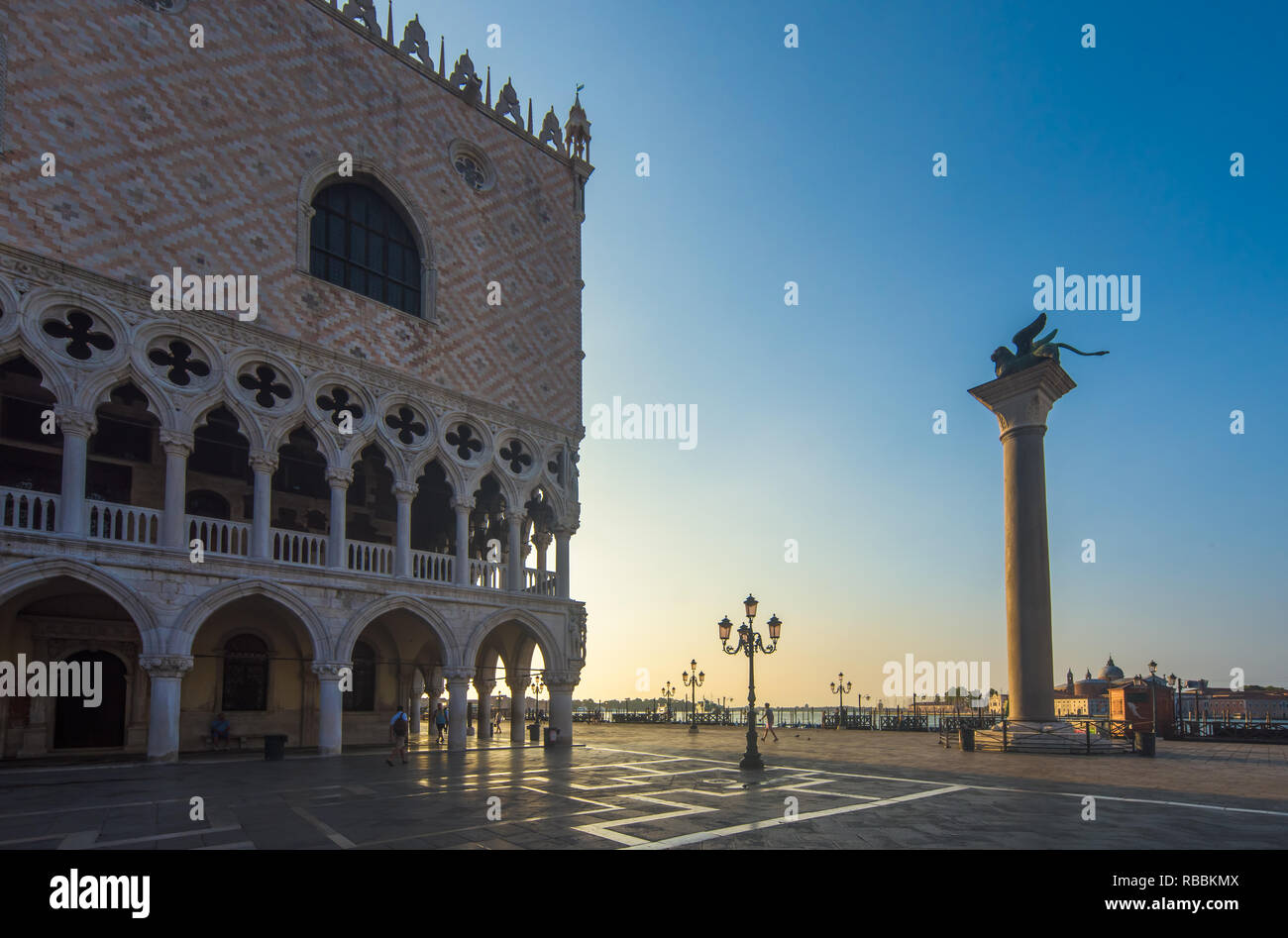 Saint Mark and Saint Theodore Column at sunrise in venice Stock Photo ...
