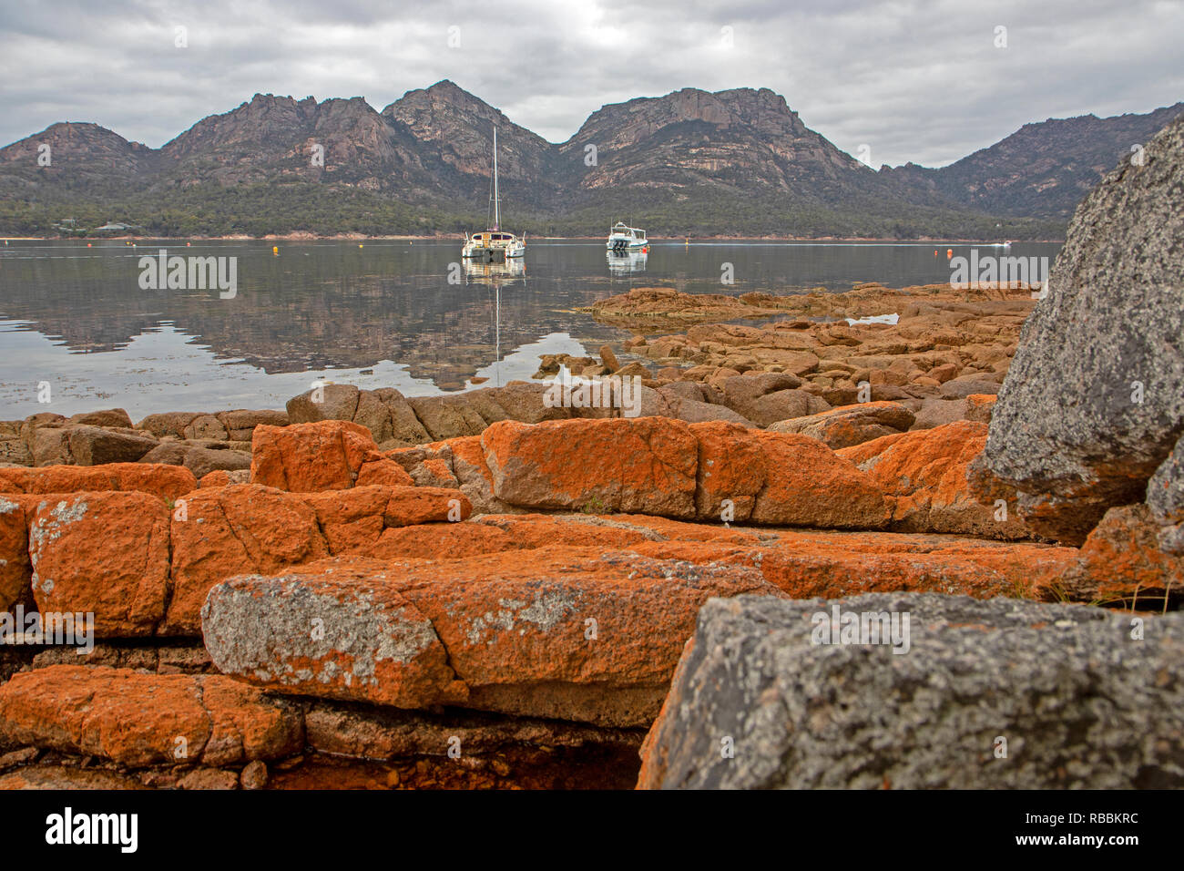 View across Coles Bay to the Hazards Stock Photo