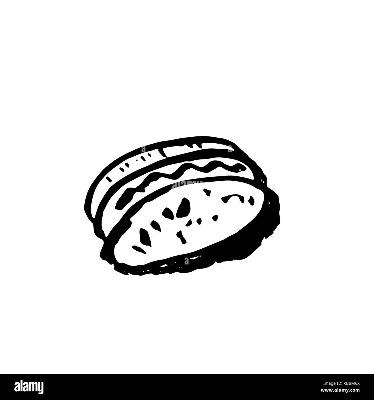 Vector fast food meal grunge icon. Hotdog ink illustration. Stock Vector