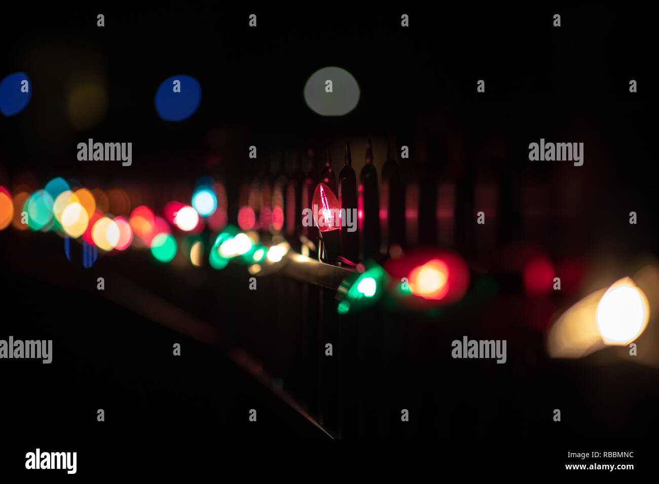 Christmas Lights on a fence in Indiana Stock Photo