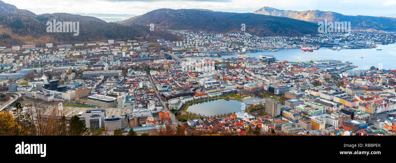 Bergen, Norway - November 19, 2017: Bergen city aerial view. Wide panoramic photo Stock Photo