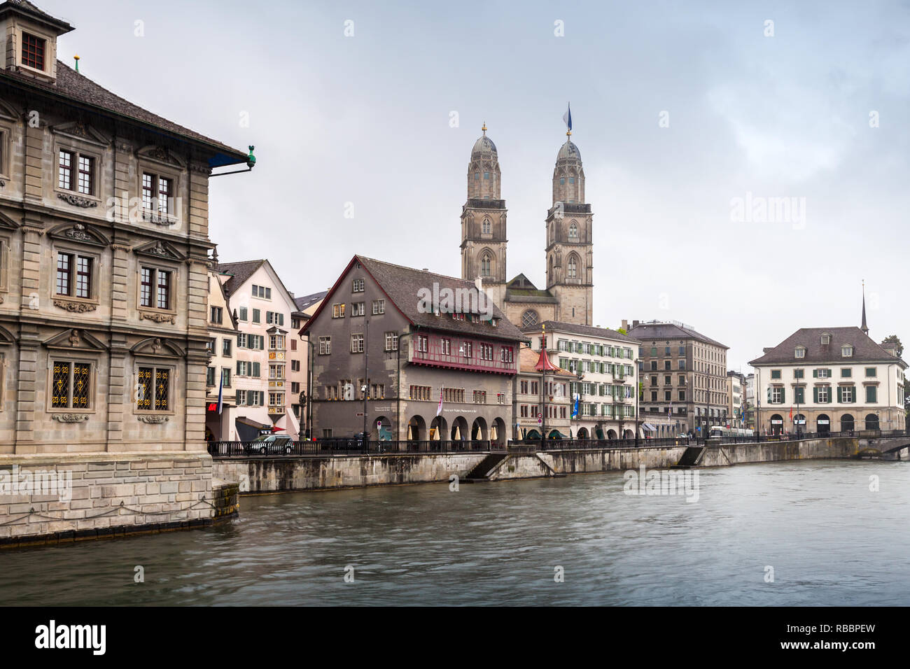 Zurich, Switzerland - May 6, 2017: Cityscape of Zurich with Grossmunster church, Switzerland Stock Photo