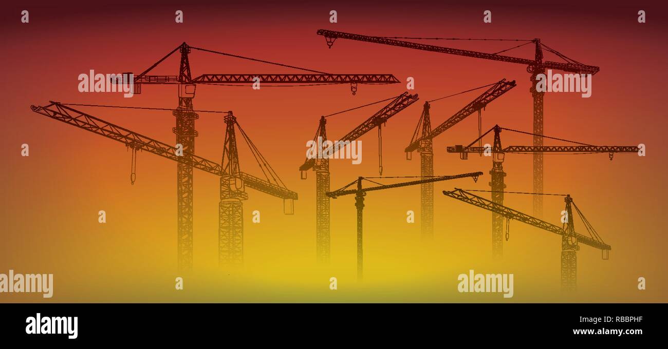 Tower construction crane vector line art on sunset Stock Vector