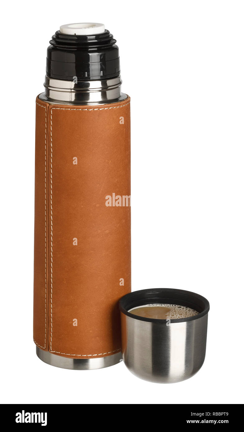 A leather covered insulated flask with a cup of coffee Stock Photo