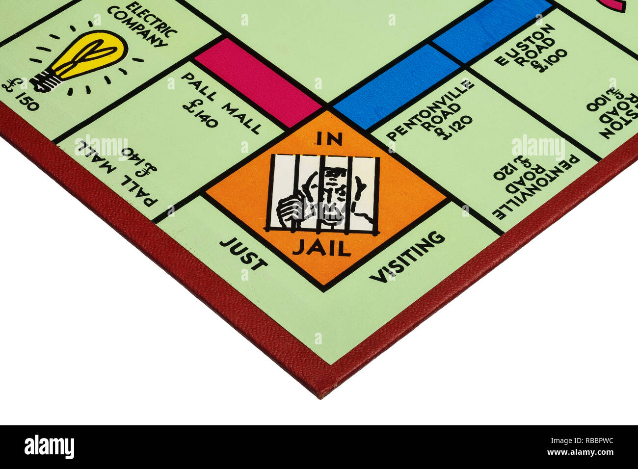 Close up detail of a corner of the playing board for the game of Monopoly showing In Jail and Just Visiting Stock Photo
