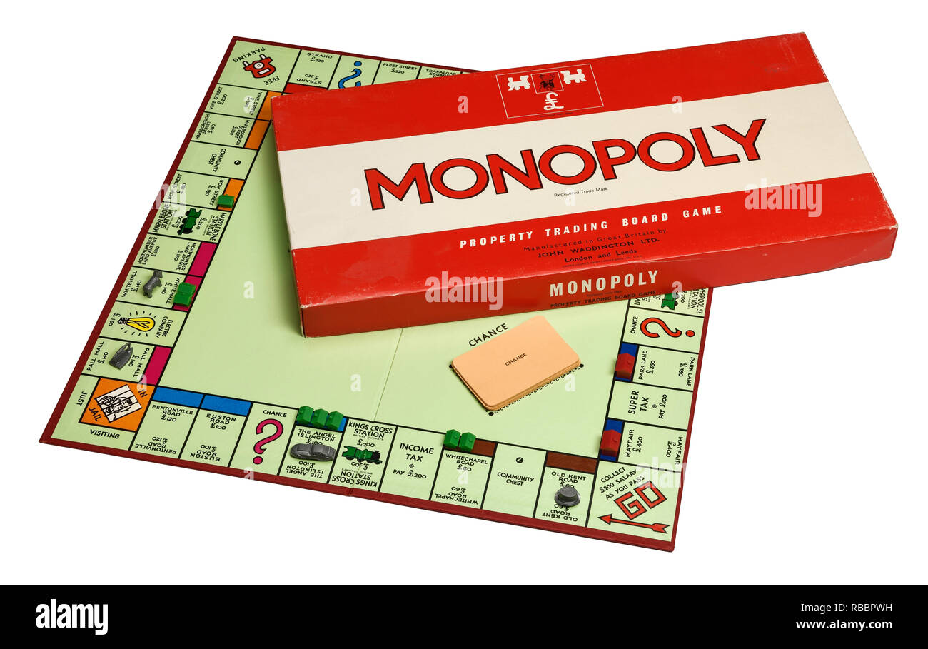 The box and playing board for the game of Monopoly from the 1970's Stock Photo