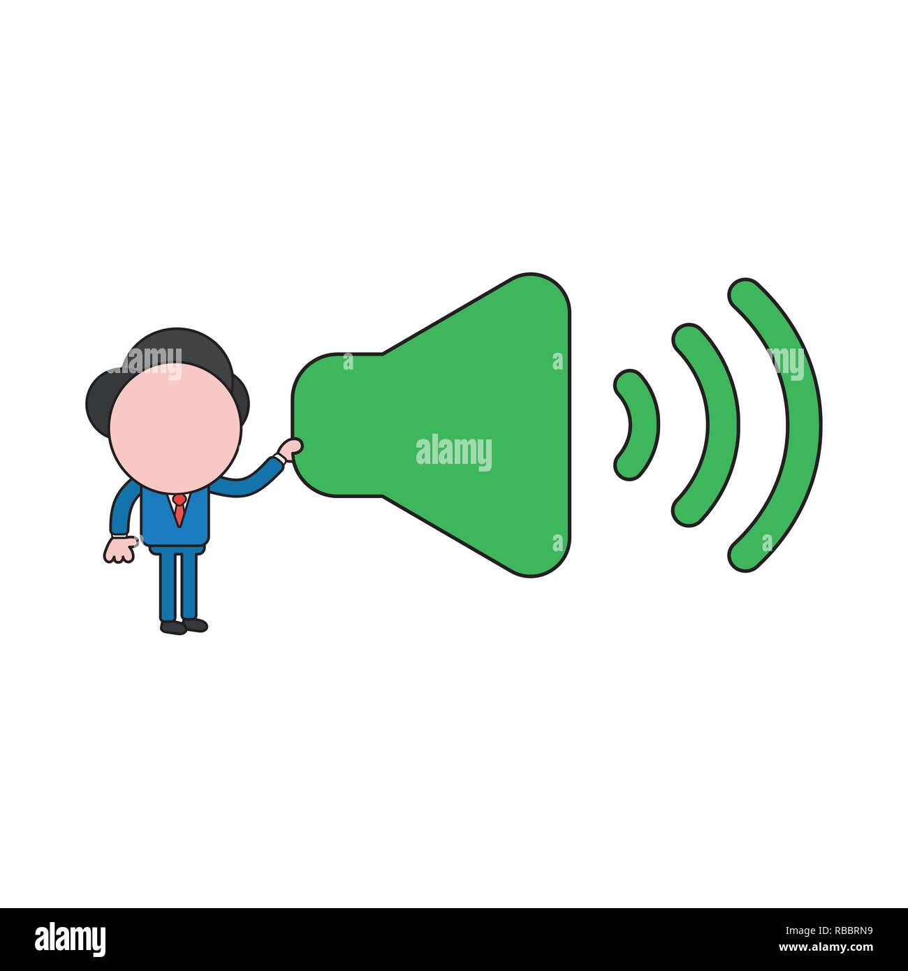 Vector illustration concept of businessman character holding sound on symbol. Color and black outlines. Stock Vector