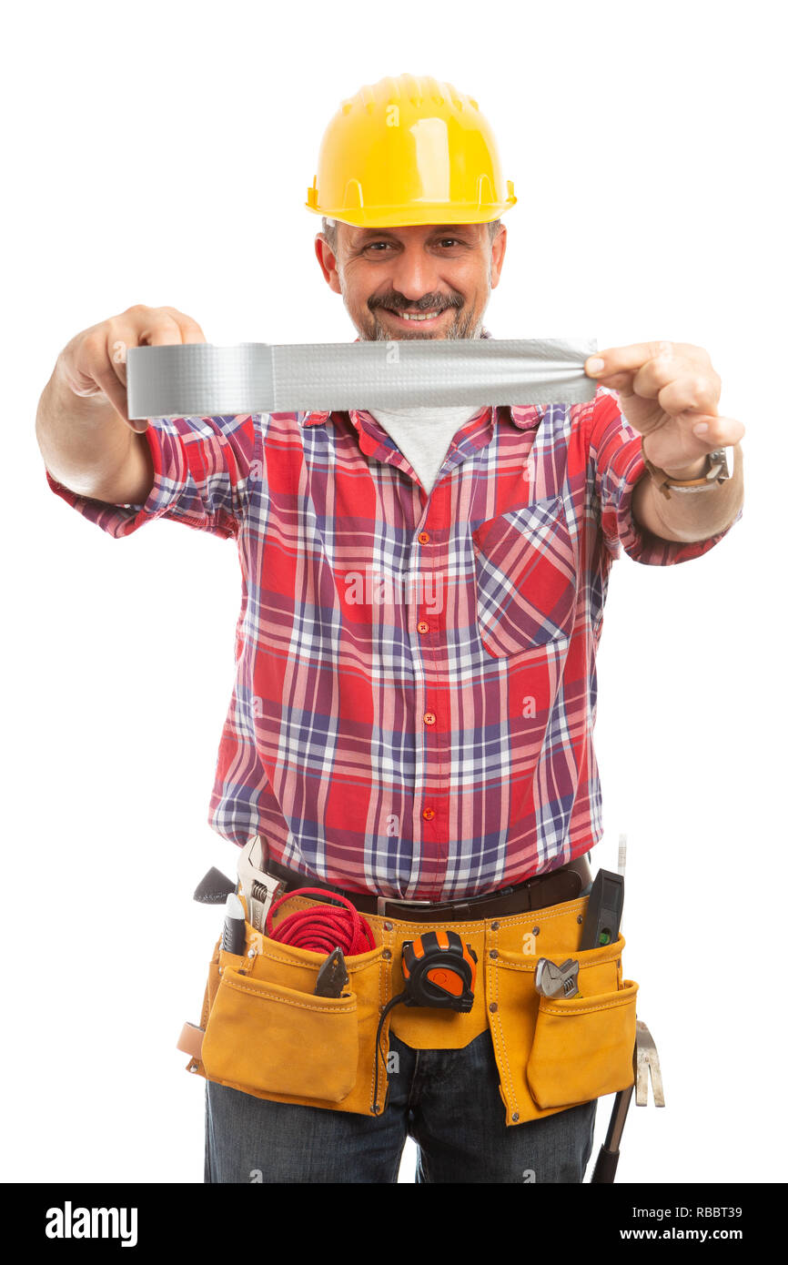 Construction worker unsticking duct tape as presenting it isolated on white background Stock Photo