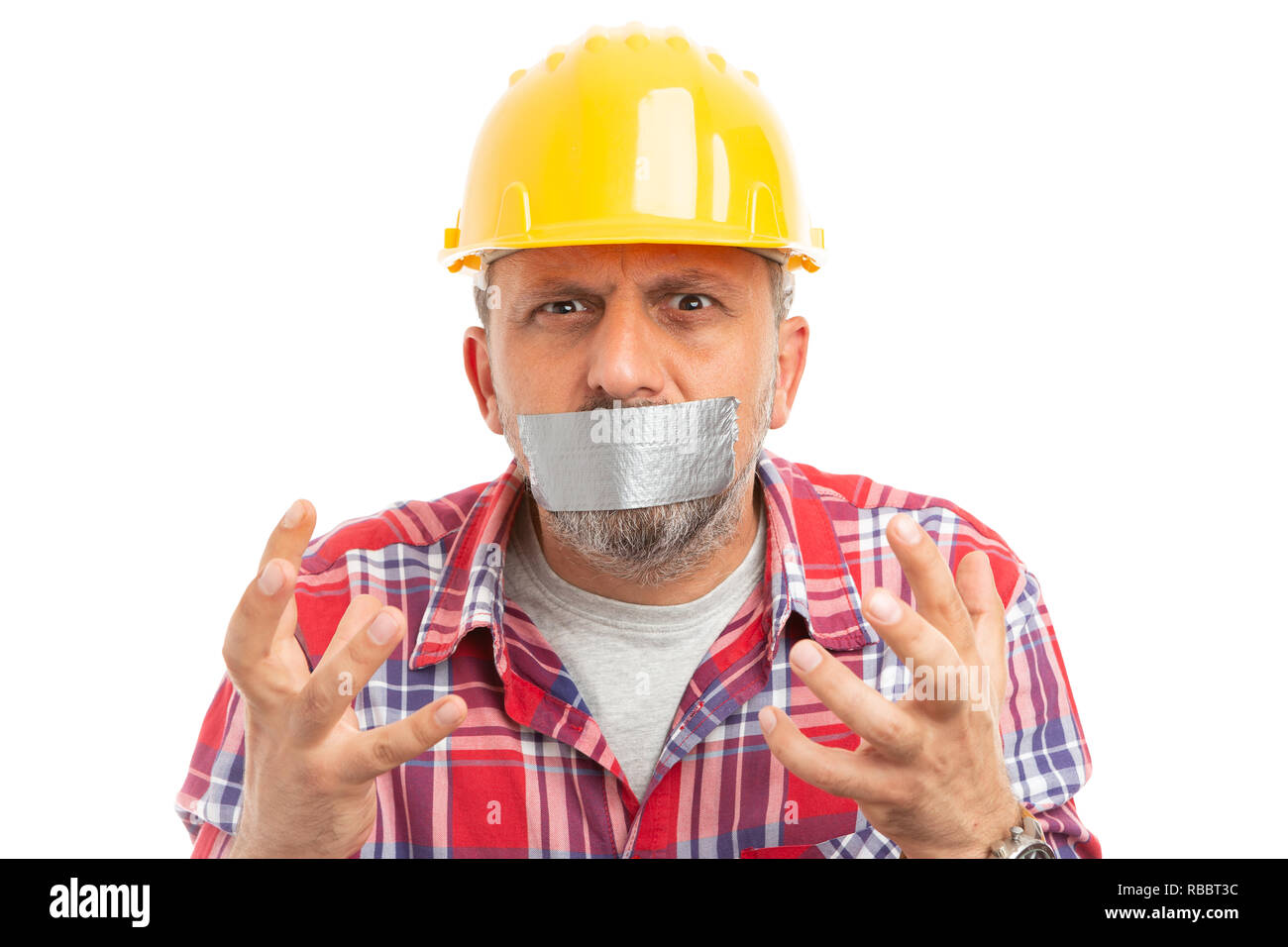 Builder with mouth shut by using grey duct tape making desperate