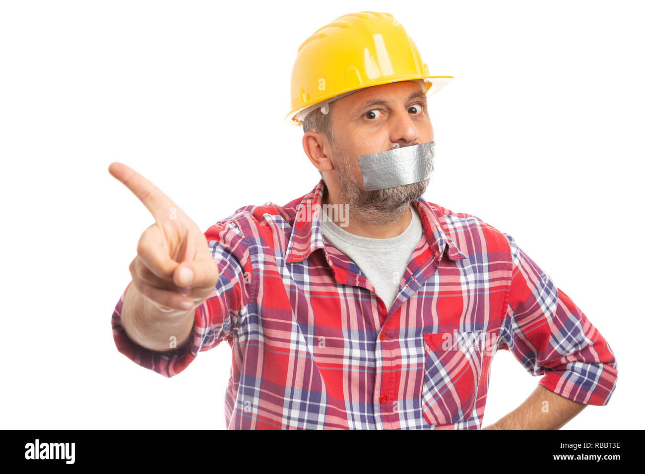 Angry builder making move gesture as order with finger having mouth shut close-up isolated on white background Stock Photo