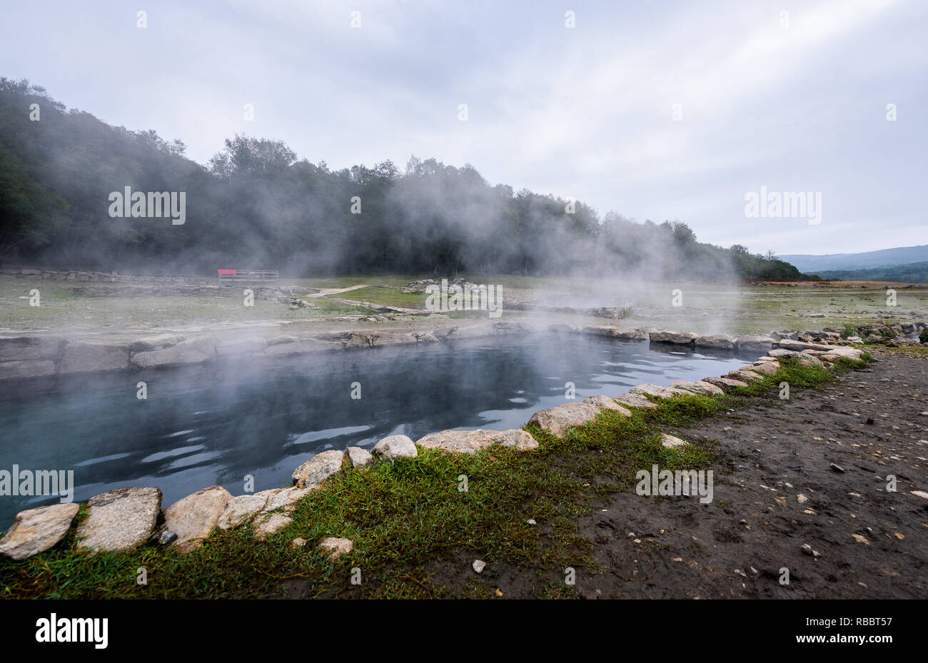 Natural Roman Baths Outdoors With Hot Steam And Thermal Water Old