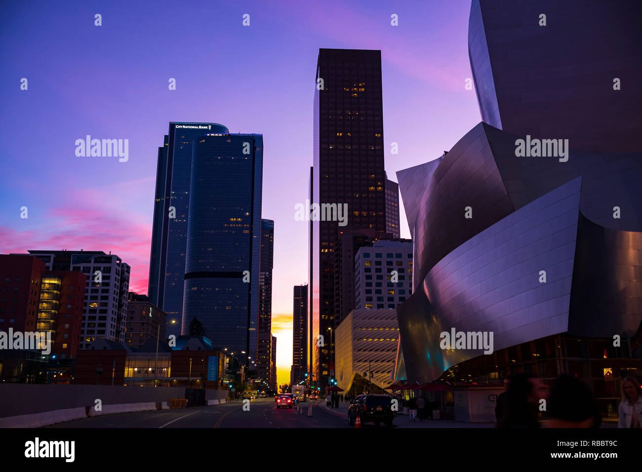 The Walt Disney Concert Hall in downtown Los Angeles, California at sunset. Stock Photo