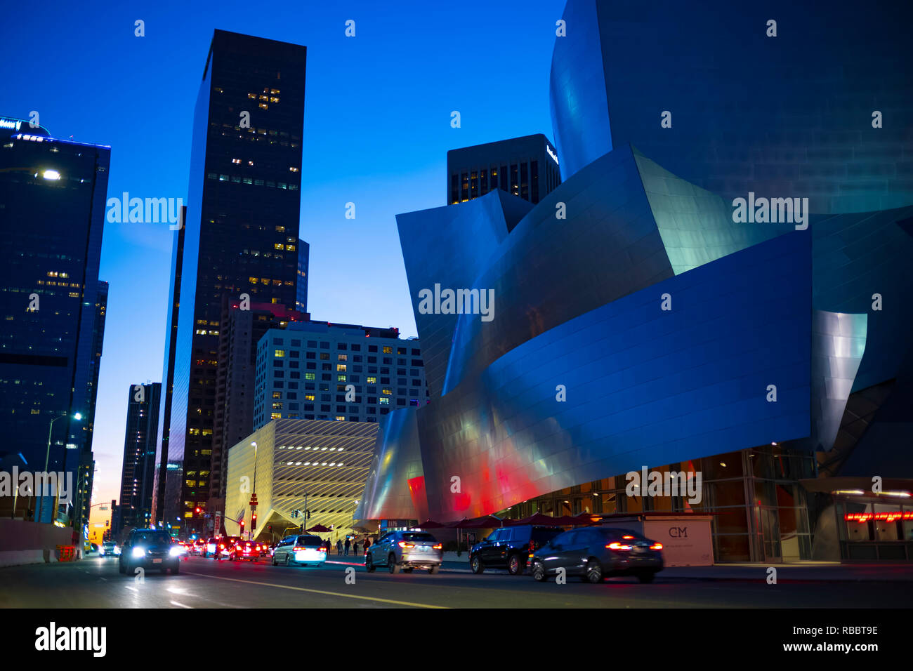 The Walt Disney Concert Hall in downtown Los Angeles, California at sunset. Stock Photo