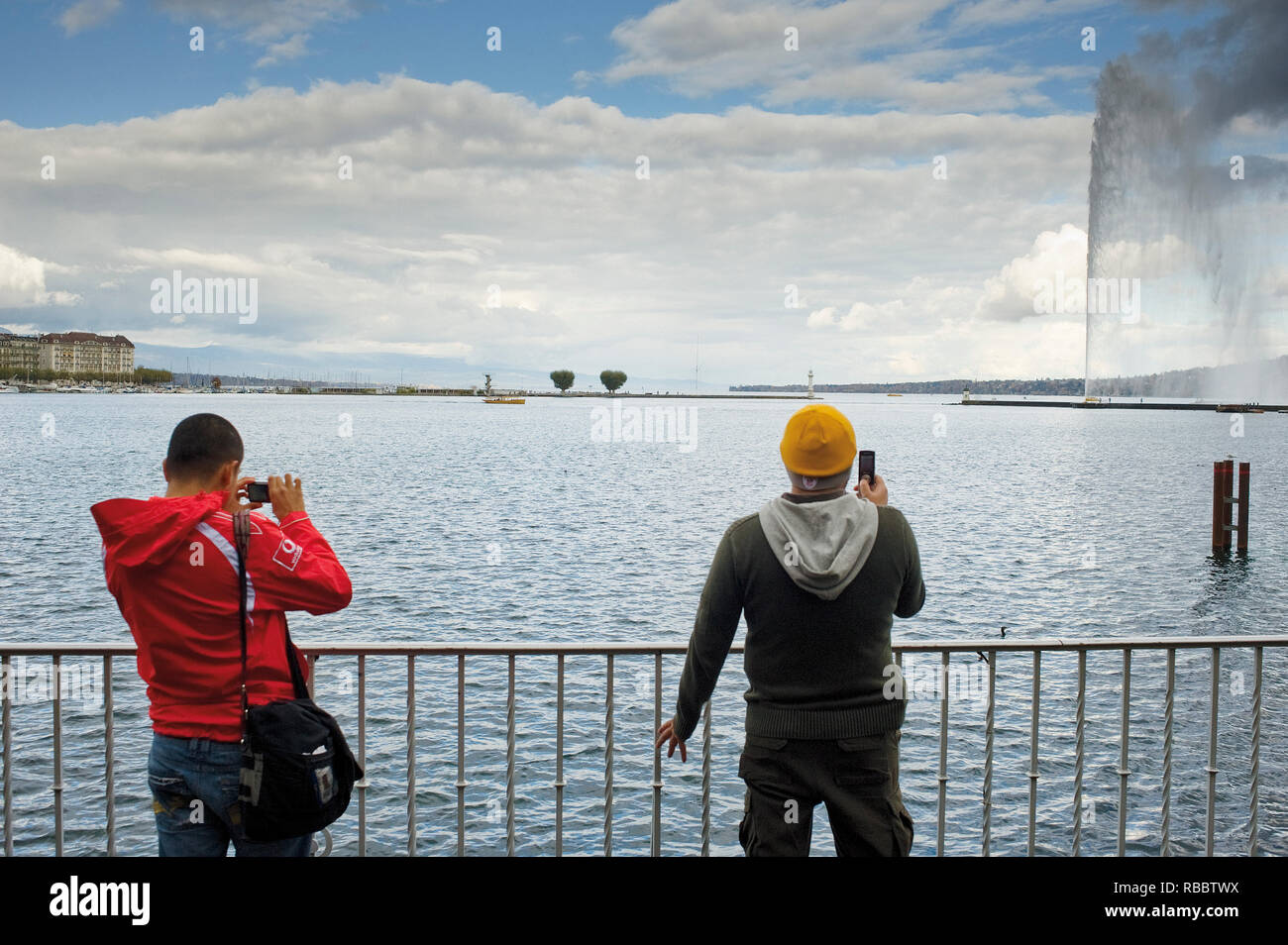 the water jet is the huge Fountain on the Geneva Lake, in the city of ...