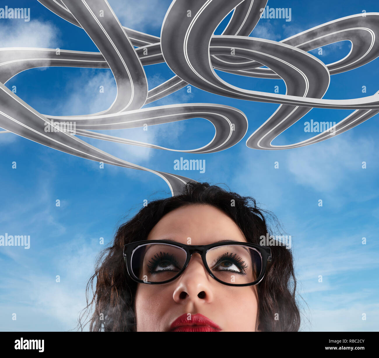 Confusion of way for a businesswoman. Concept of difficult career Stock Photo