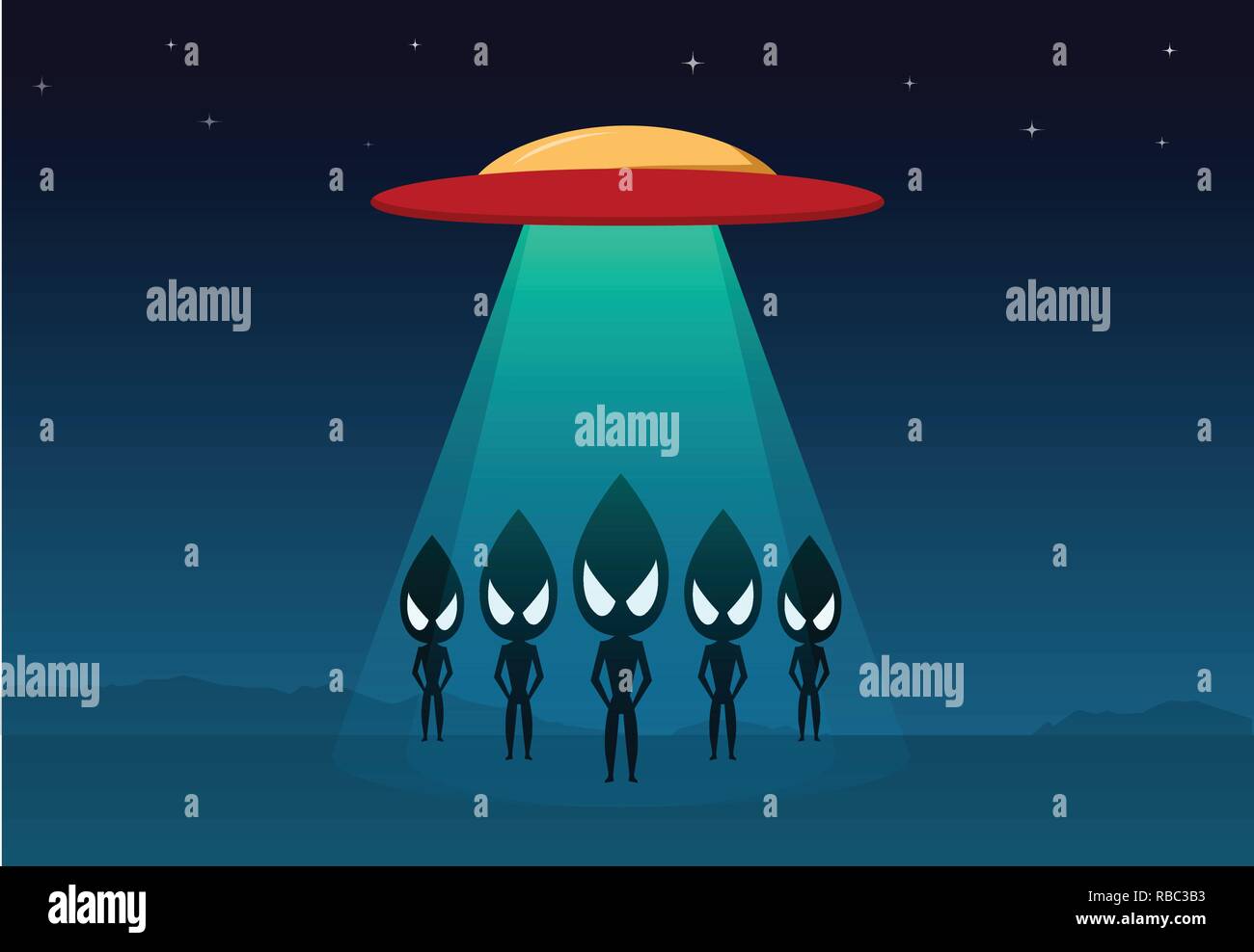 Group of alien arrived on earth by UFO, vector art design Stock Vector