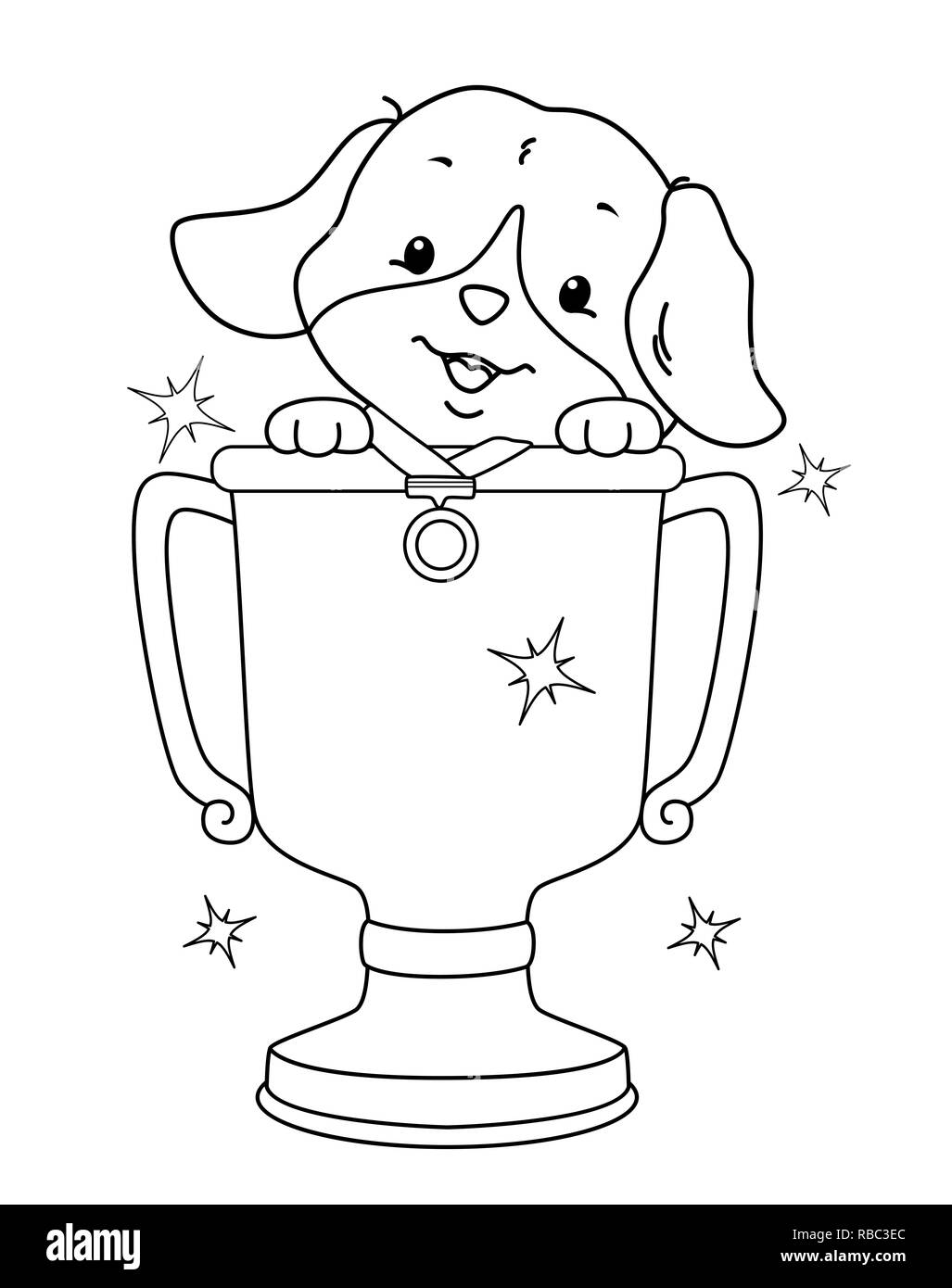 Coloring Illustration of a Dog Winning a Medal and a Trophy from a Contest Stock Photo