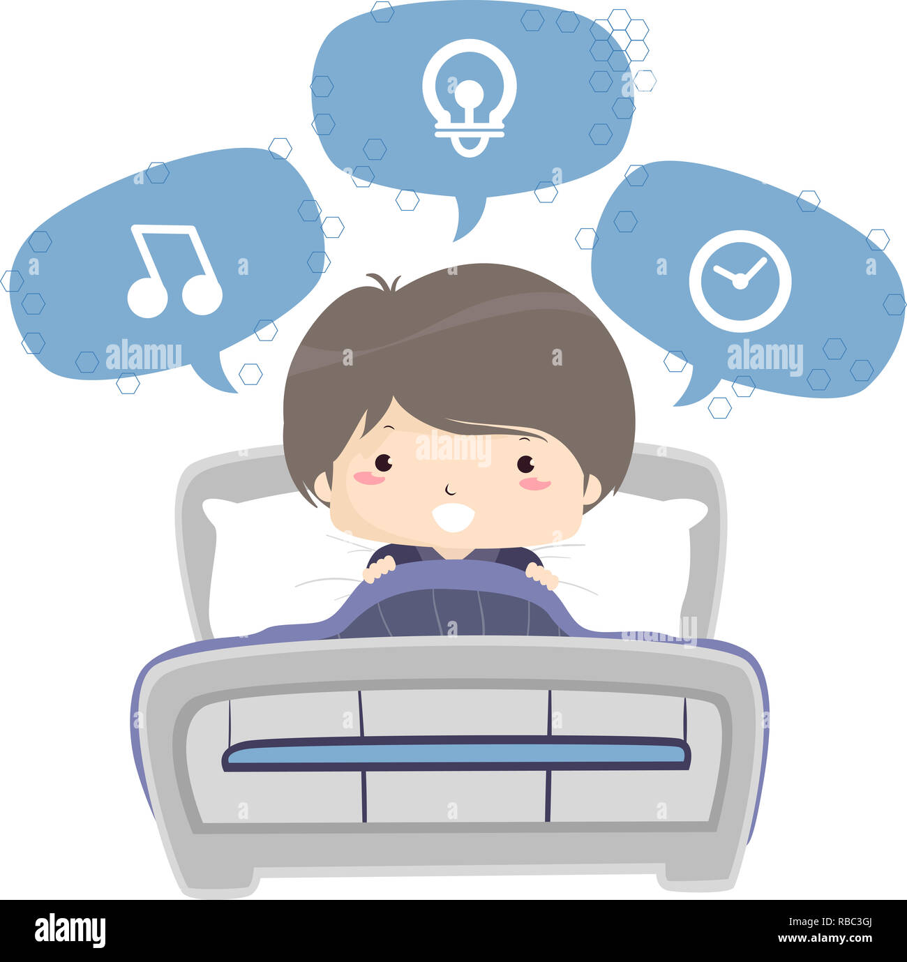 Illustration of a Kid Boy Speaking and Using Voice Command on His Bed