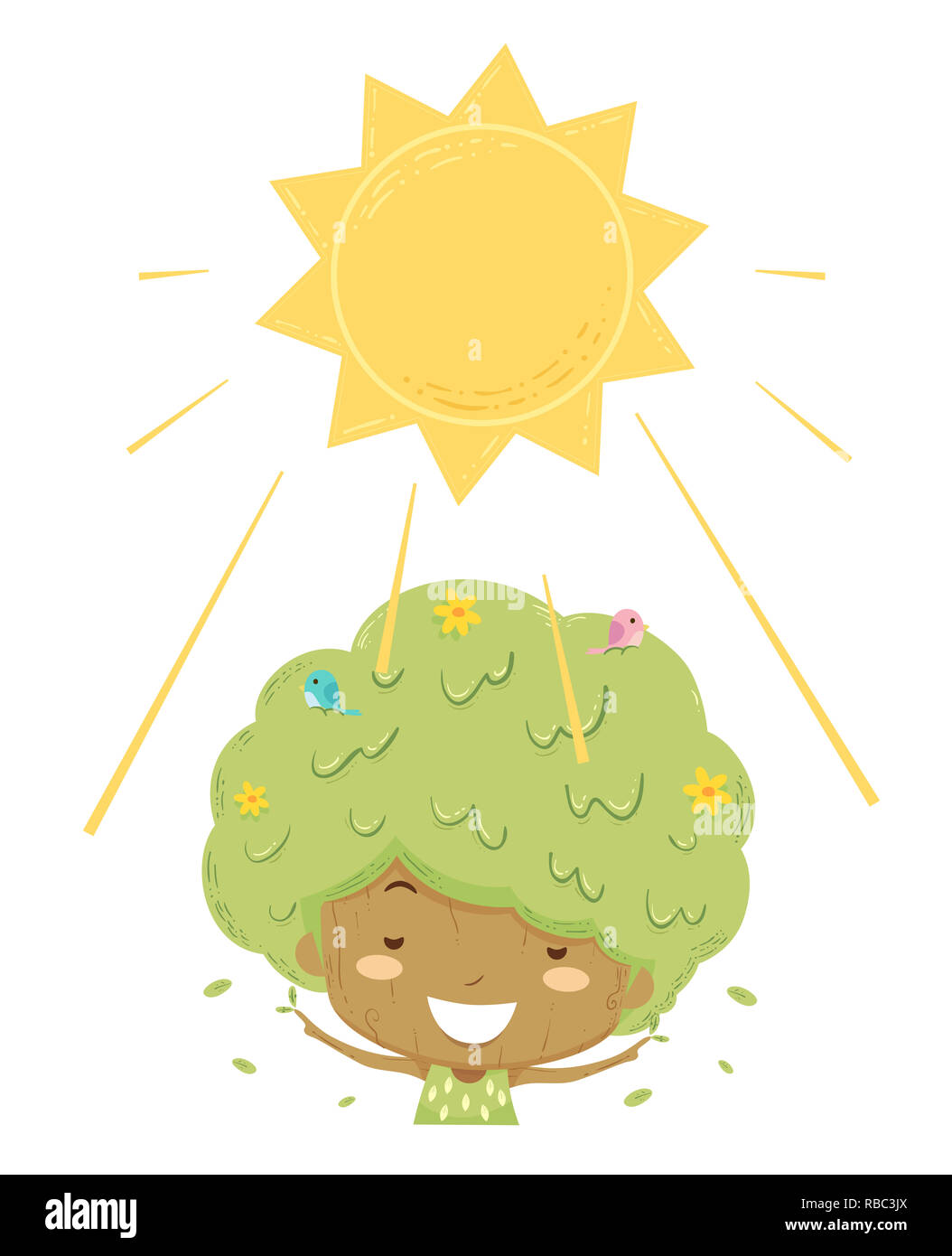 Illustration of a Kid Girl Tree Basking and Enjoying the Sun Stock Photo