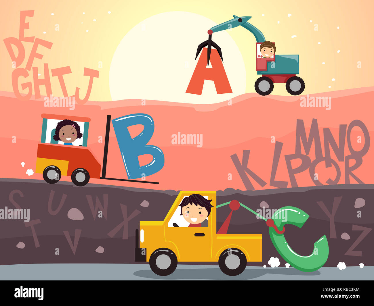 Illustration of Stickman Kids in the Junkyard with the Alphabet Stock Photo