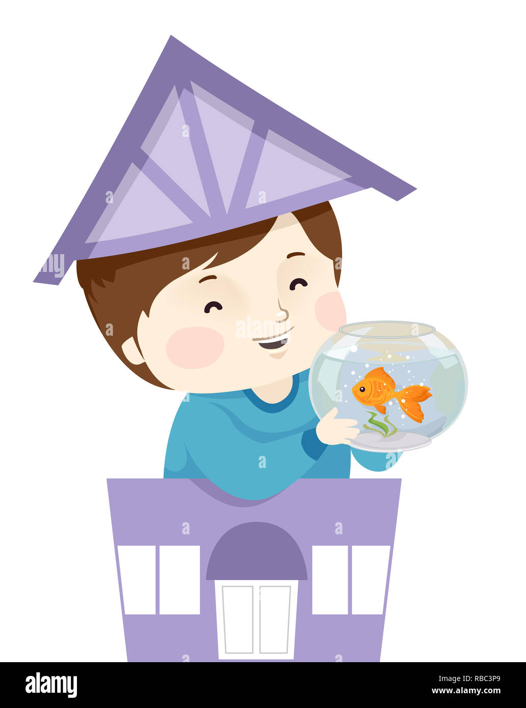 Illustration of a Kid Boy Holding a Goldfish in an Aquarium Bowl from a Pet Shop Stock Photo