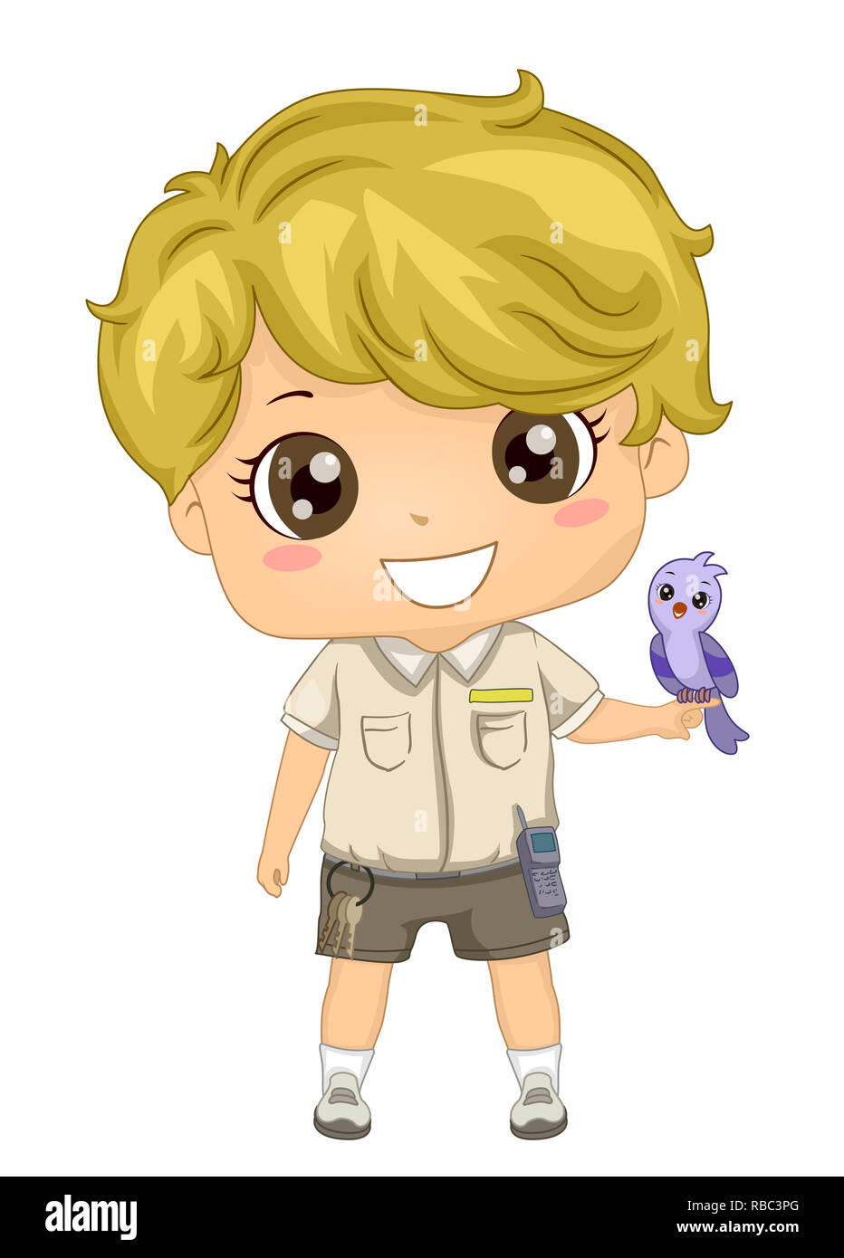 Illustration of a Kid Boy Zoo Keeper with Keys and Two Way Radio with a Bird Perched on His Finger Stock Photo