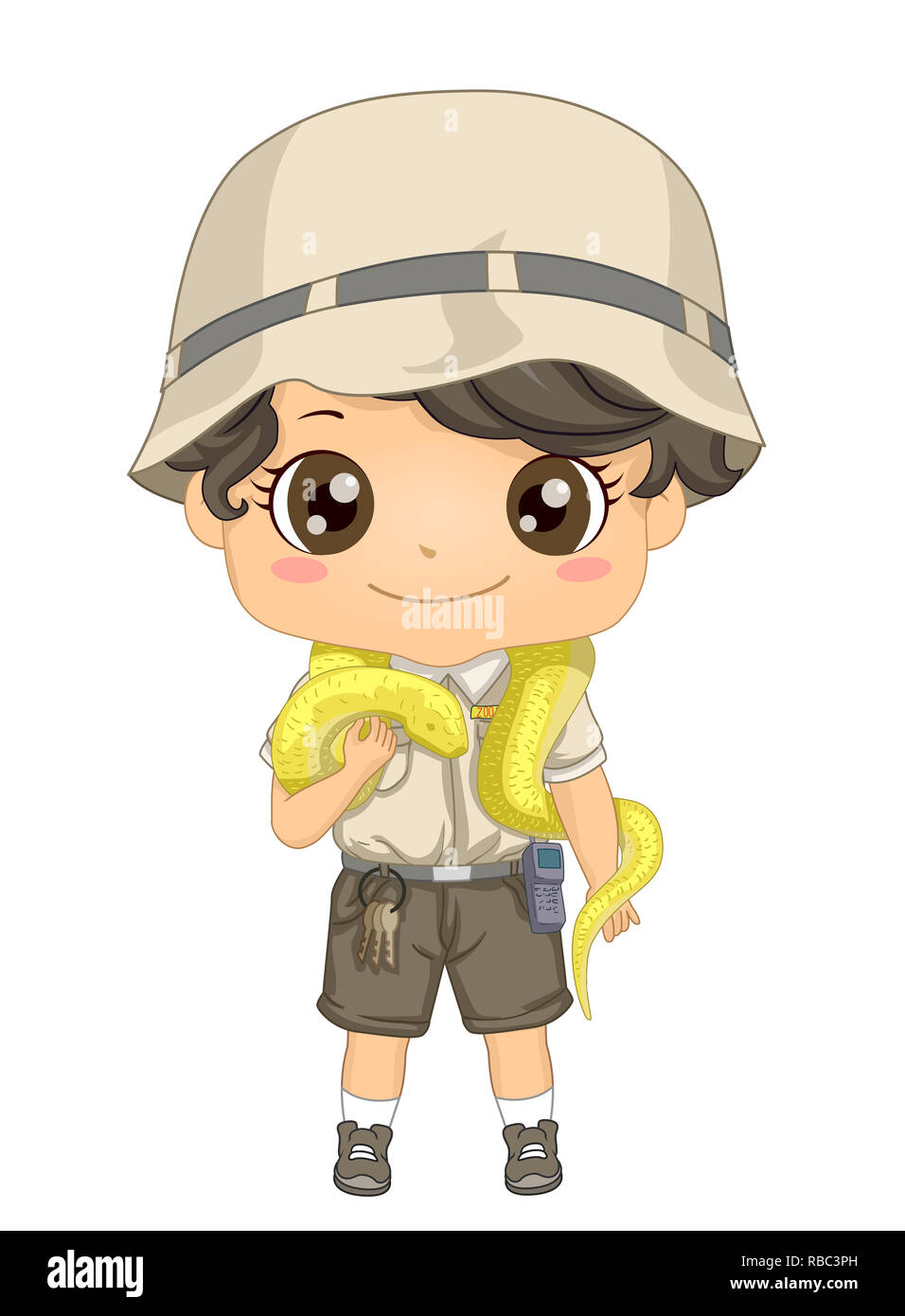 Illustration of a Kid Boy Zoo Keeper with Keys and Radio Holding a Yellow Snake Python for a Show Stock Photo