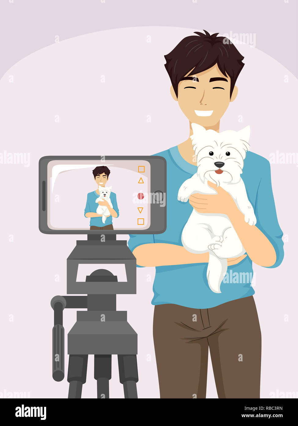 Illustration of a Teen Guy Holding His Pet Dog Talking In Front of His Phone Recording a Video Stock Photo