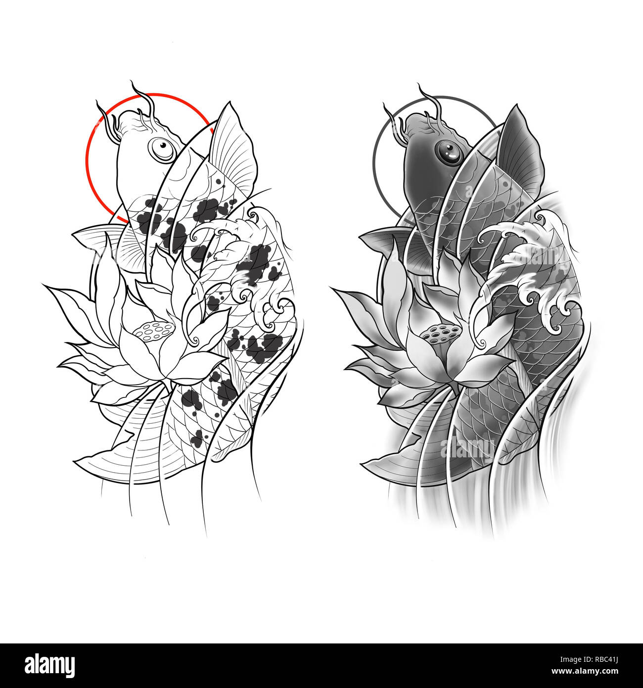 Hand drawn koi fish with lotus flower and water wave tattoo design, Digital  art painting, Japanese tattoo style, tattoo flash image Stock Photo - Alamy