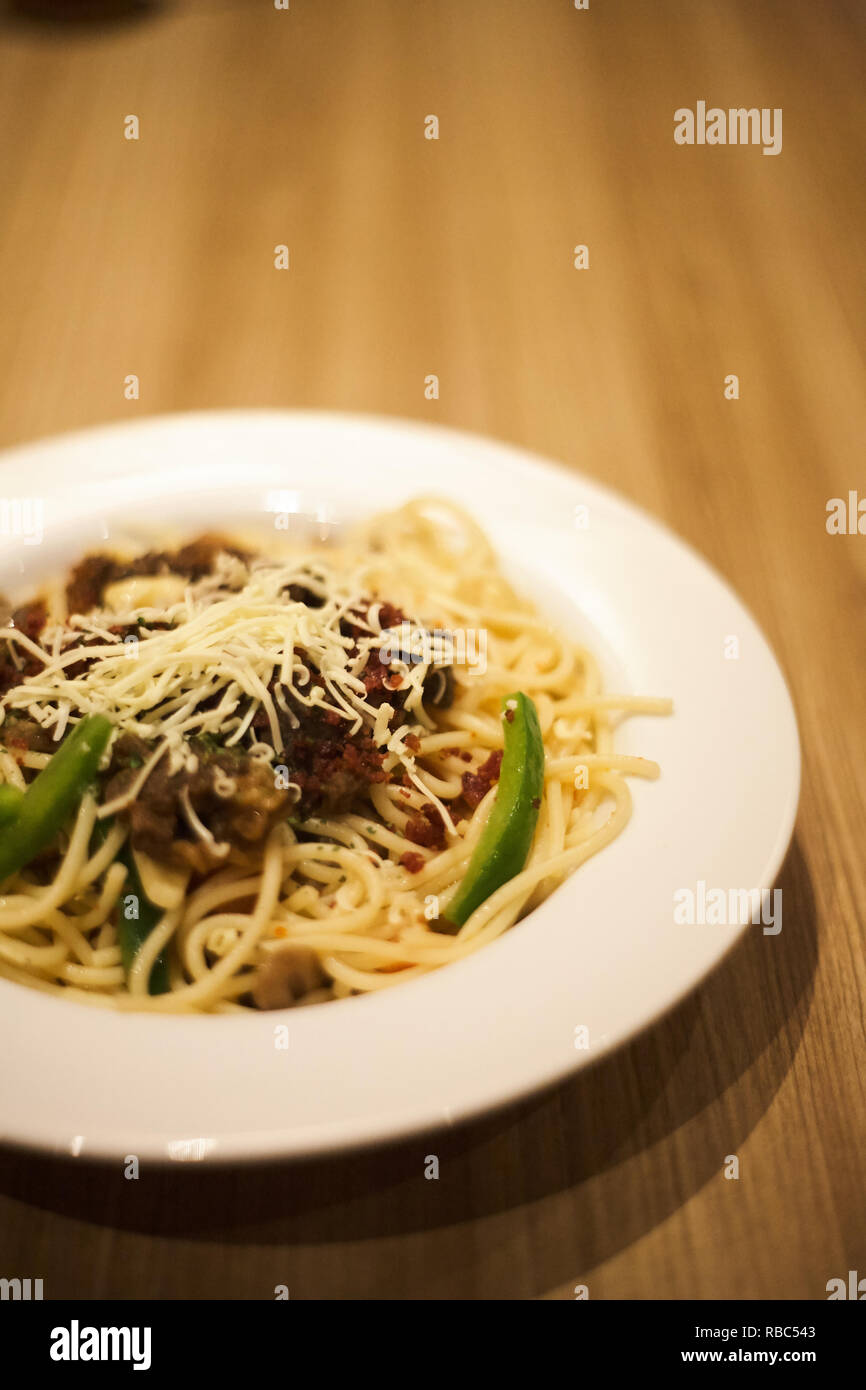 Beef steak aglio olio pasta Stock Photo