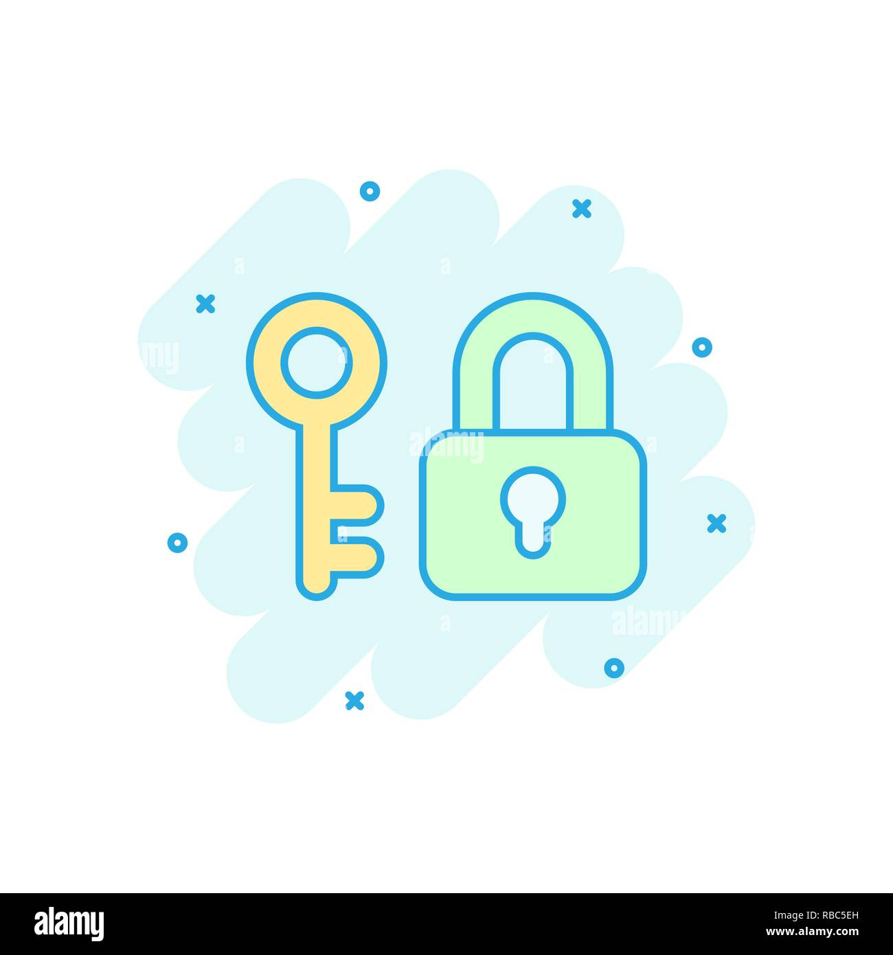 Key with padlock icon in comic style. Access login vector cartoon