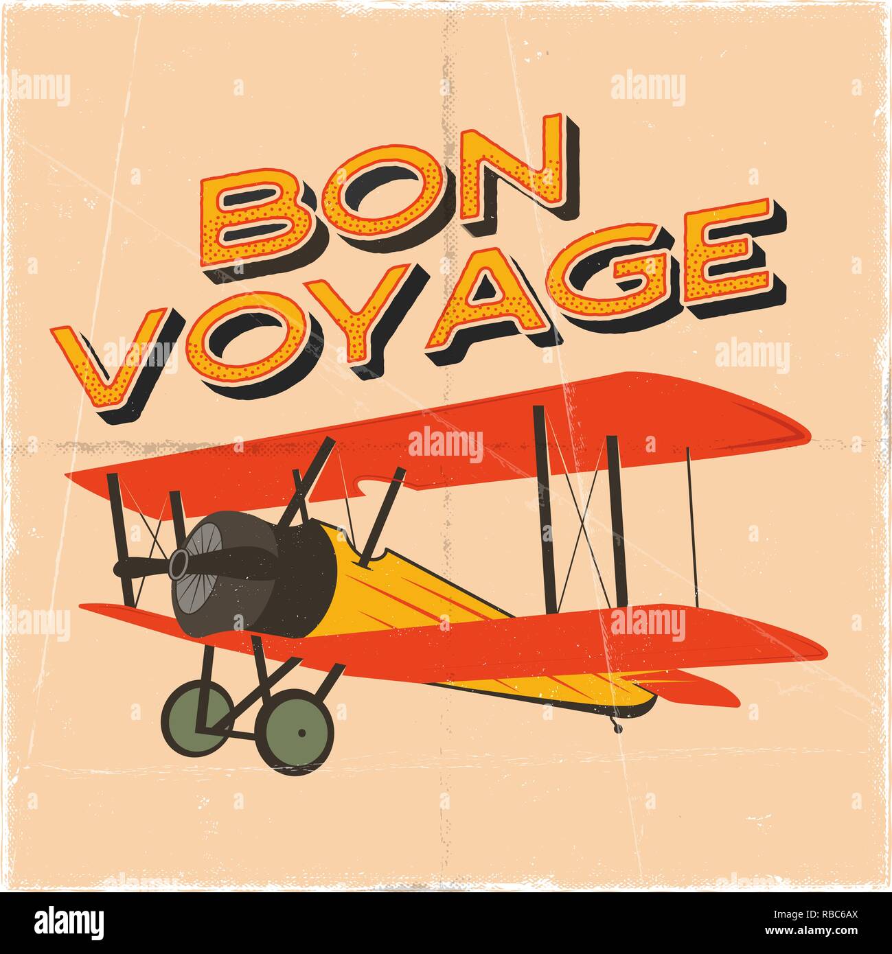 Flight Poster In Retro Style Bon Voyage Quote Vintage Hand Drawn Travel Airplane Design For T Shirt Mug Emblem Or Patch Stock Vector Retro Illustration With Biplane And Text Stock Vector Image