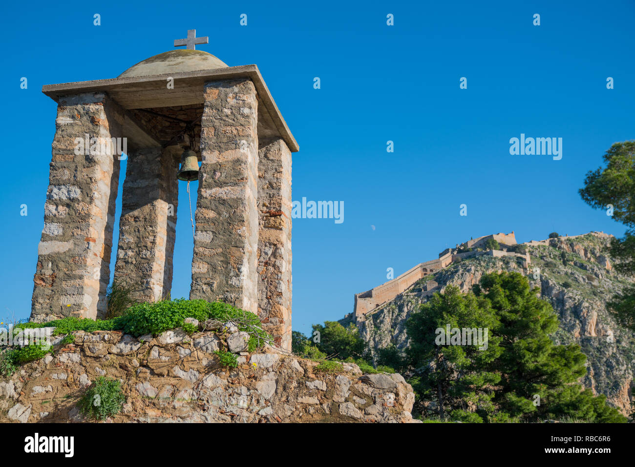 Nafplio, Greece. Blue ski landscapes, ruins, wildlife on and near the Arvanitias and Palamidi Fortress during December 2018 Stock Photo