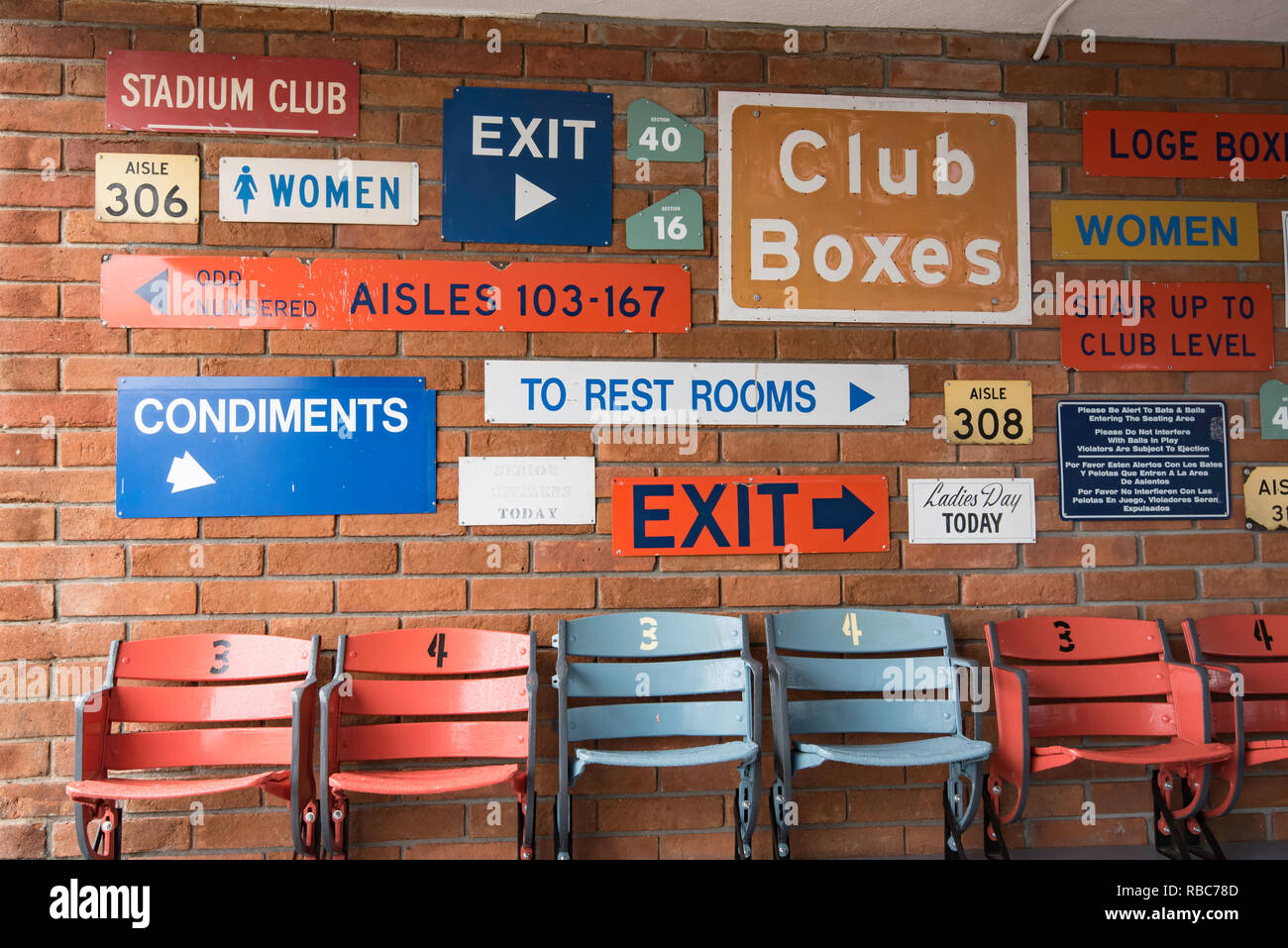 A series of historic signs mounted on a wall of one of the entry points to Dodger Stadium field in Los Angeles, Ca, United States of America Stock Photo