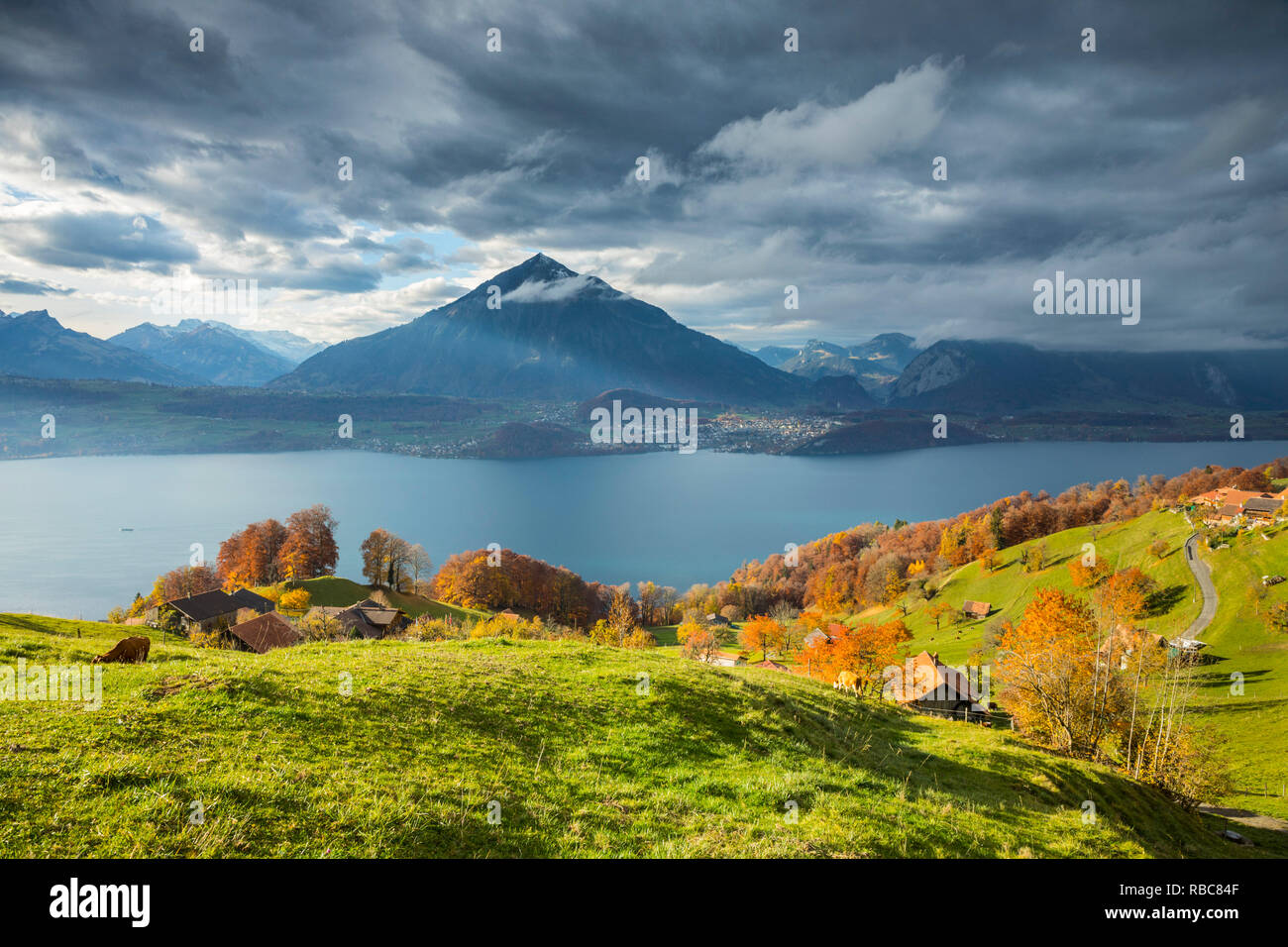 Niesen mountain and Lake Thun, Berner Oberland, Switzerland Stock Photo