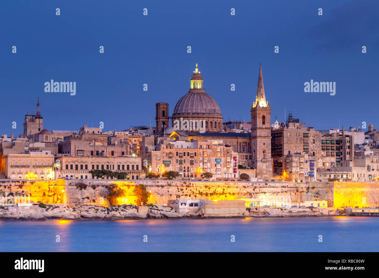 Malta, Malta, Valletta, View over Old Town with St John's Co-Cathedral Stock Photo