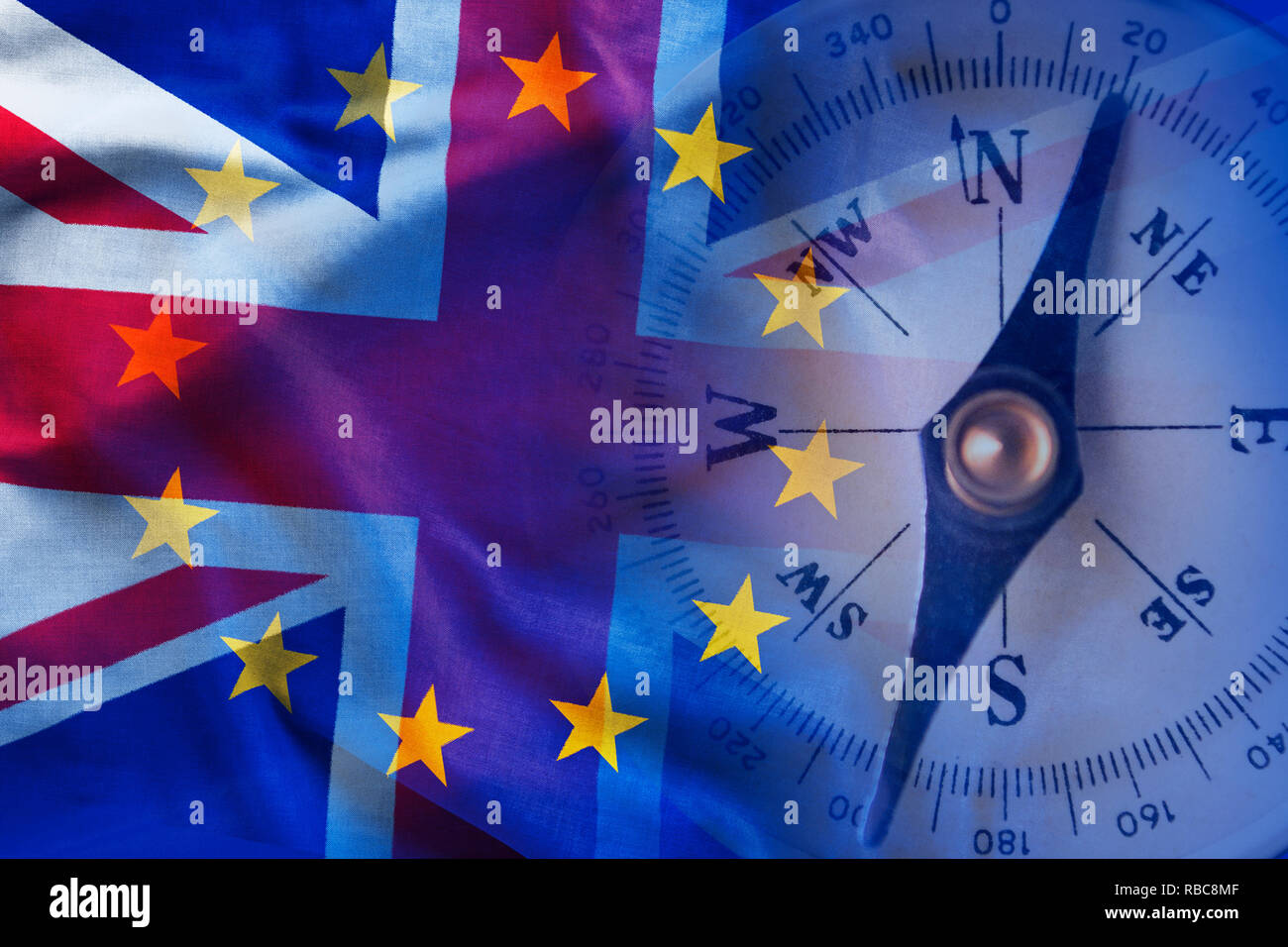 Closeup image of retro compass against overlapped flags of Great Britain of European Union Stock Photo