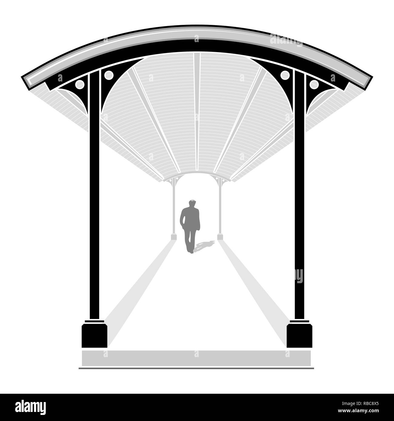 Silhouette of human walking in covered walkway with leading lines, vector illustration Stock Vector