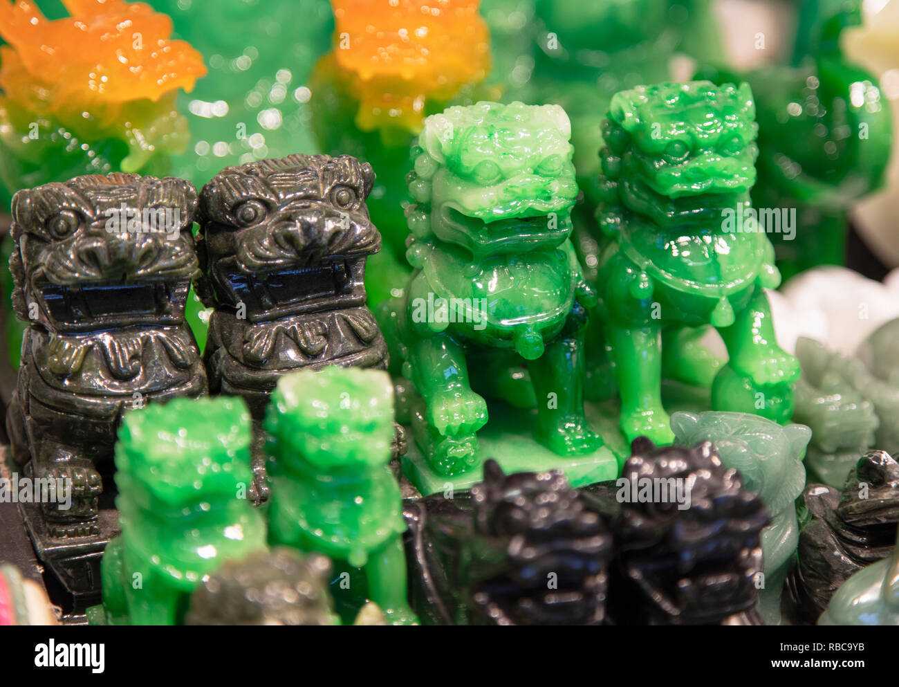 Jade lions in Jade Market, Yau Ma Tei, Kowloon, Hong Kong Stock Photo