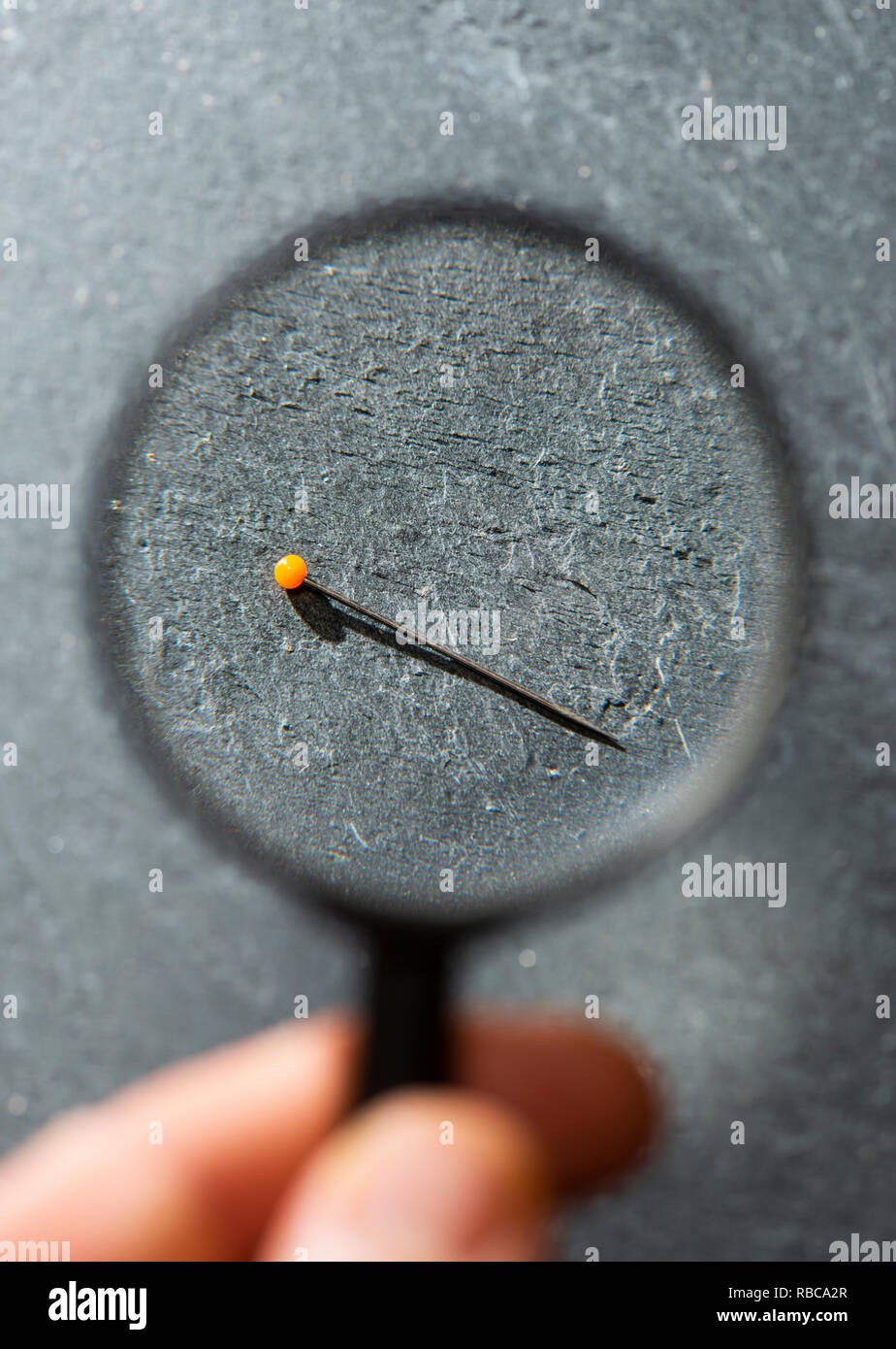 View small Needle through magnifying glass on a dark background. Concept  for searching and finding small object with magnifying glass. Tailor's pin  Stock Photo - Alamy