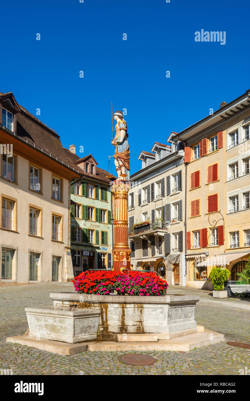 Justice fountain on Burgplatz, Biel, Bern, Switzerland Stock Photo