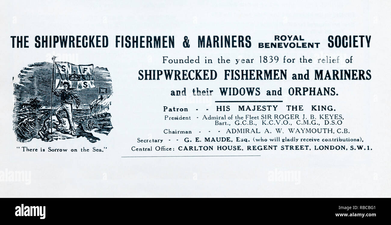 A 1930s advertisement for The Shipwrecked Fishermen & Mariners Royal Benevolent Society. Stock Photo