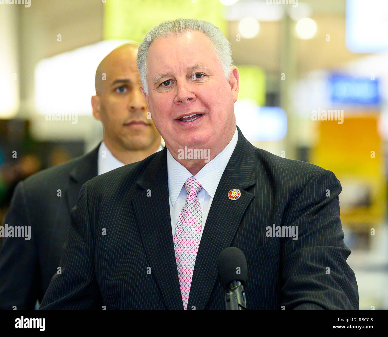 U.S. Representative Albio Sires (D-NJ) seen speaking at a news conference at Newark Liberty International Airport to demand an end to the partial government shutdown leaving thousands of federal workers in New Jersey without pay and to highlight the impacts of lost services being felt statewide. At Newark Liberty International Airport in Newark, New Jersey. Stock Photo