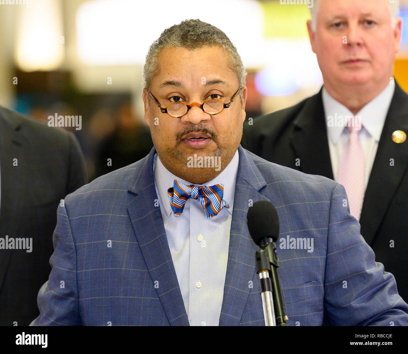 U.S. Representative Donald Payne, Jr. (D-NJ) seen speaking at a news conference at Newark Liberty International Airport to demand an end to the partial government shutdown leaving thousands of federal workers in New Jersey without pay and to highlight the impacts of lost services being felt statewide. At Newark Liberty International Airport in Newark, New Jersey. Stock Photo