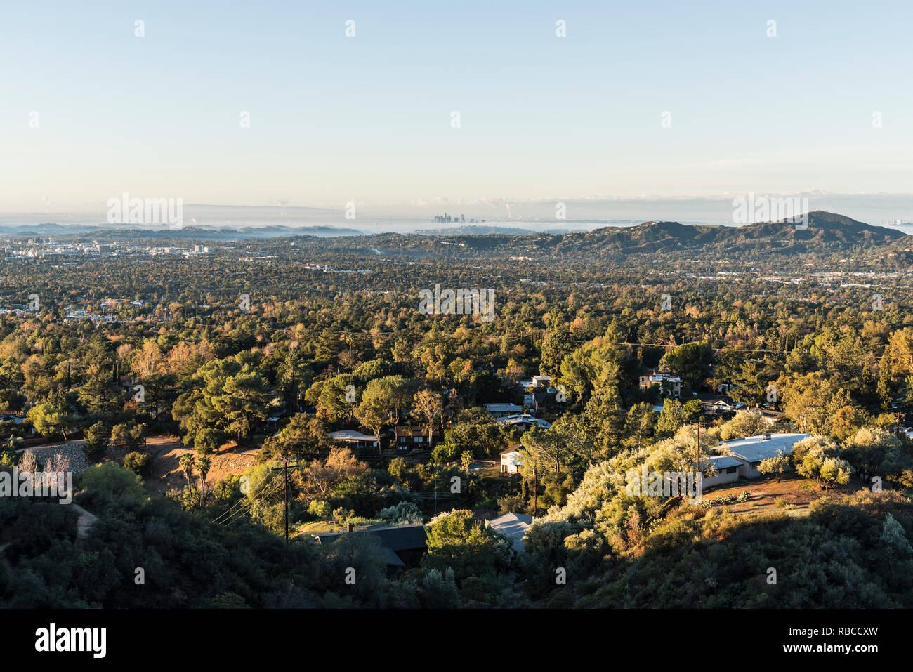 Morning view of Altadena, Pasadena and downtown Los Angeles from San Gabriel Mountains hilltop in Southern California. Stock Photo