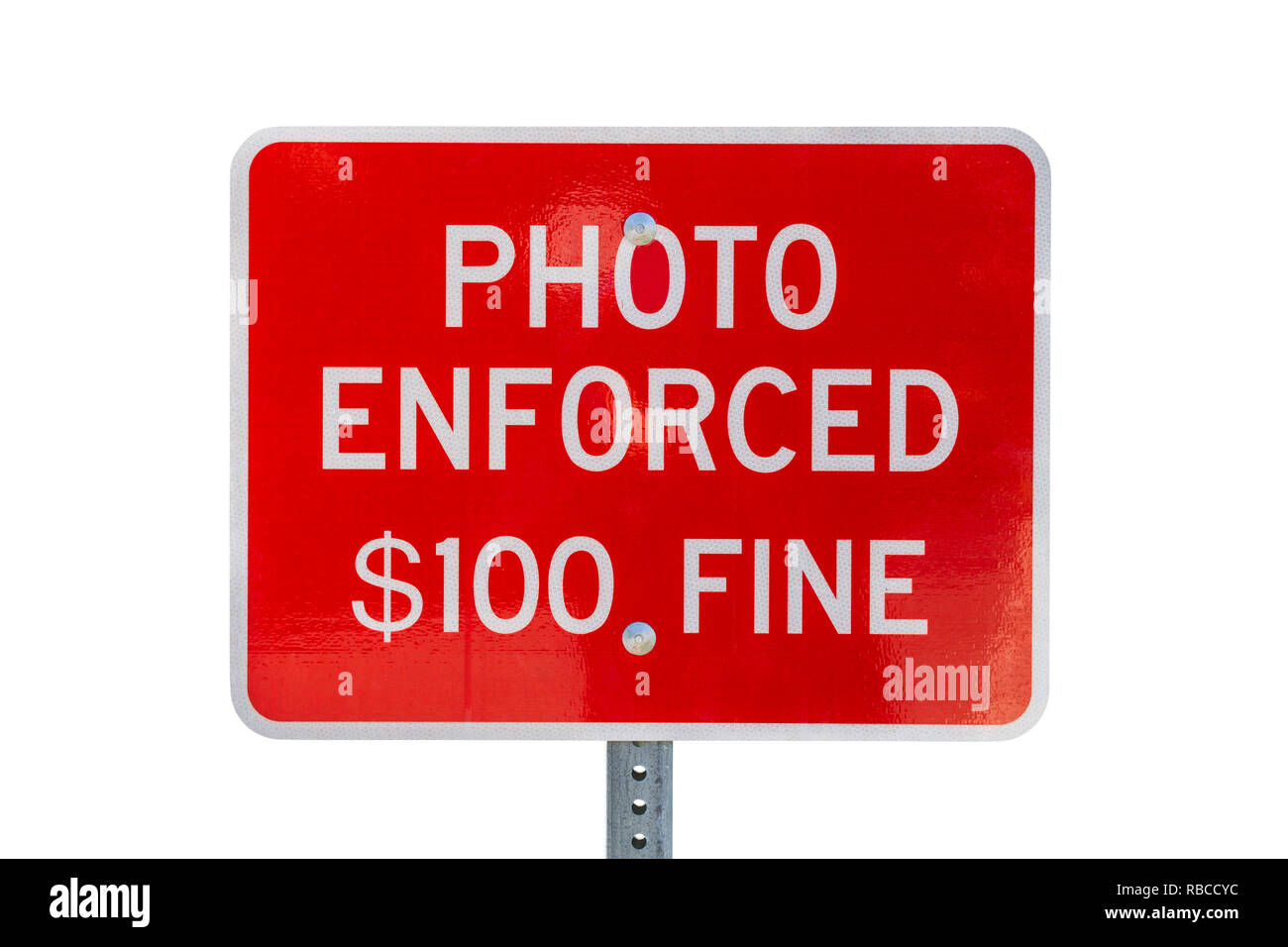 Photo enforced $100 fine stop sign warning notice isolated on white. Stock Photo
